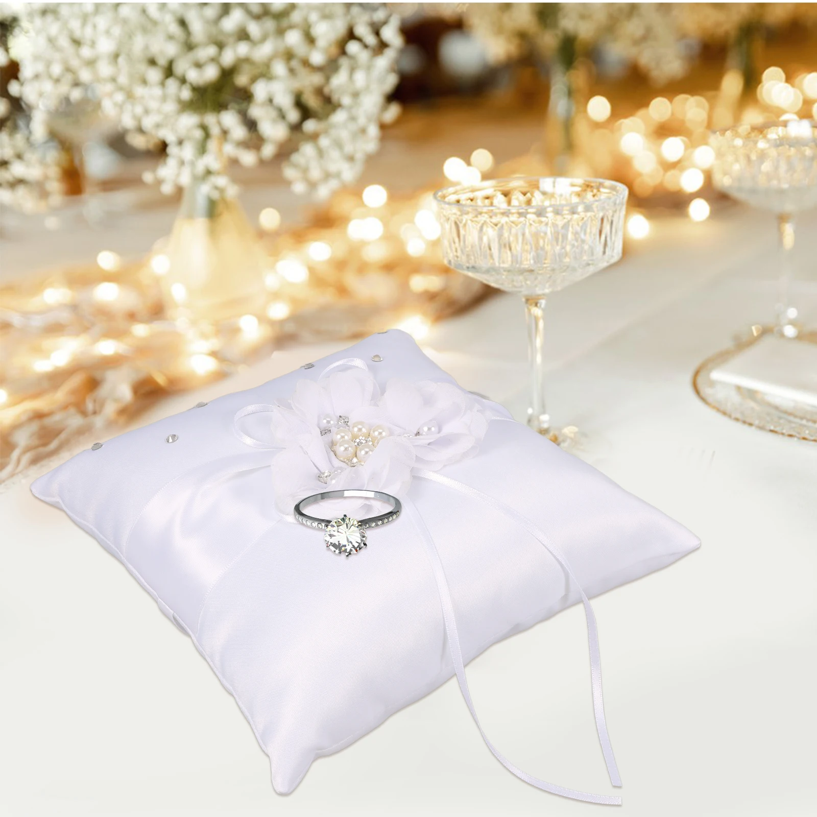 

20*20Cm Wedding Ring Pillow Cushion Pearl Flower Decorated Compact Lightweight Back Strap Soft Touch For Ceremony Party