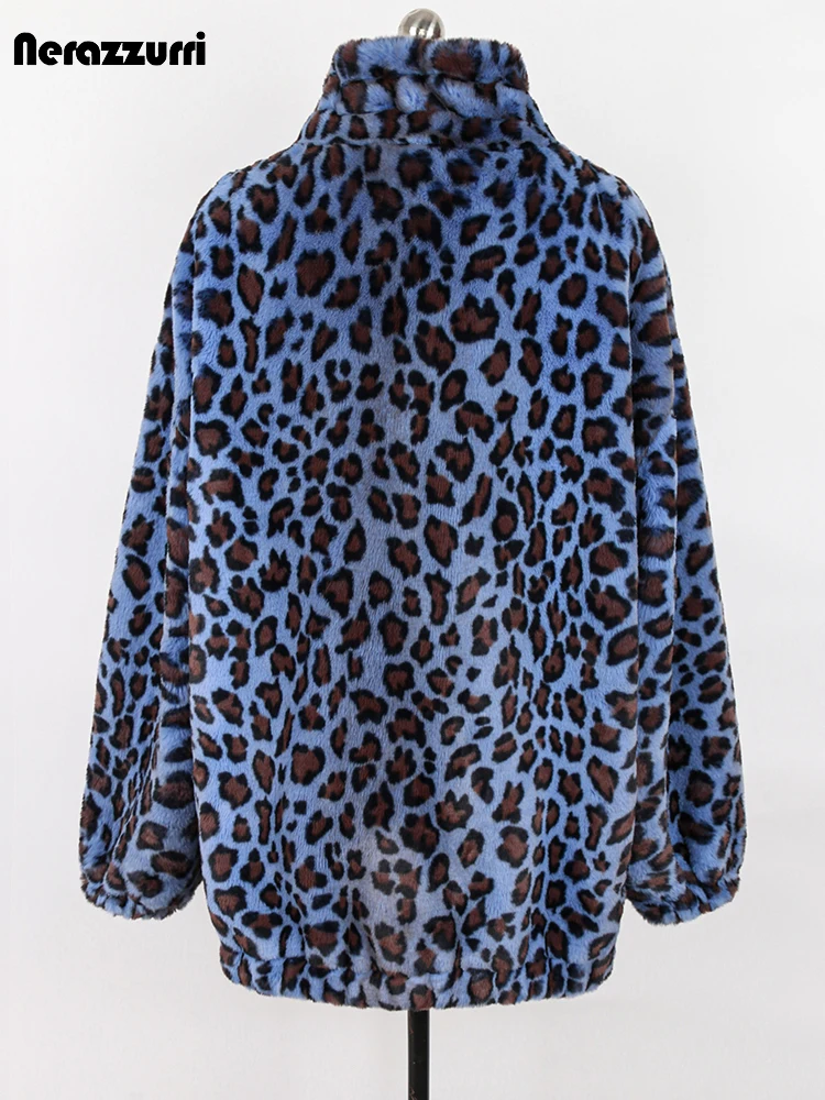 Nerazzurri-abrigo de piel sintética con estampado de leopardo para mujer, chaqueta gruesa y cálida de gran tamaño con cuello alto y cremallera,