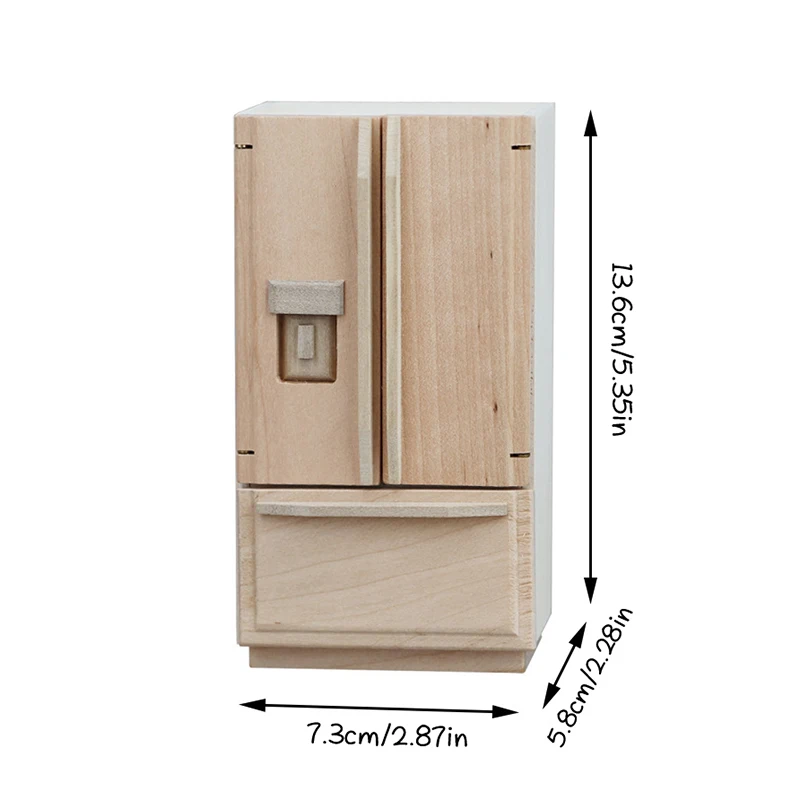 Dollhouse Miniature Items Wooden Doubledoor Refrigerator Mini Double-door Fridge Model Freezer 1:12 Doll House Kitchen Decor Toy