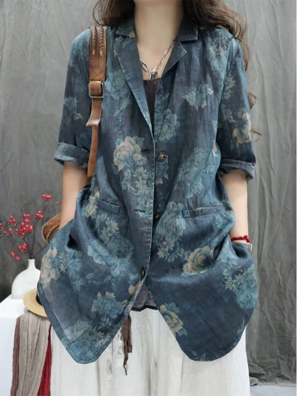 Women's Cotton Linen Print Long Sve irt Vintage Loose Casual Versatile Office Wear Summer Season Five-Button Plaet