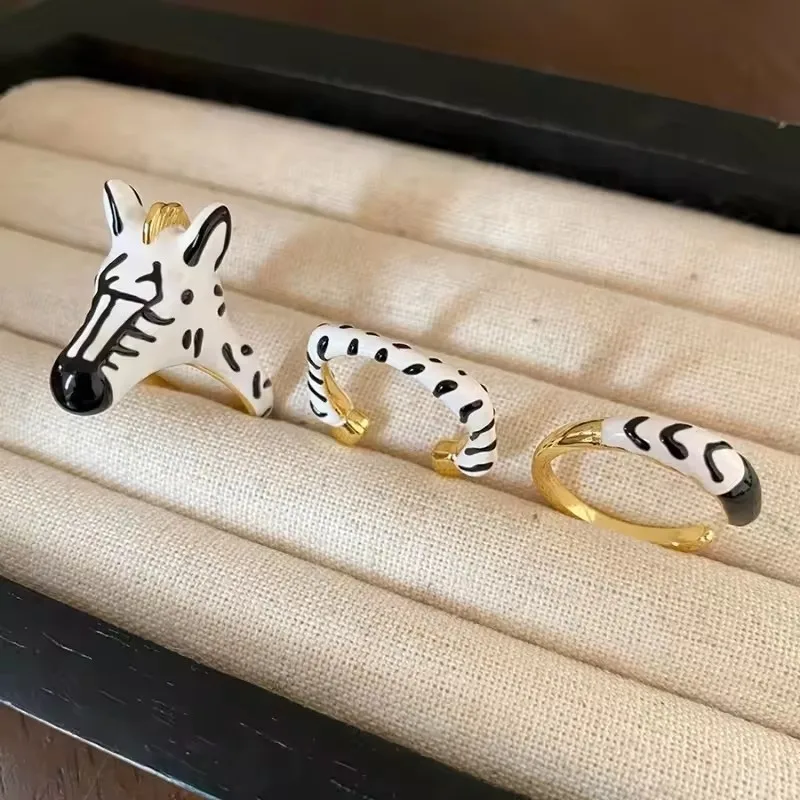 

3PCS New Women's Zebra Ring Set Cute Animal Print Stackable Open Rings Adjustable Fashion Jewelry Party Accessories