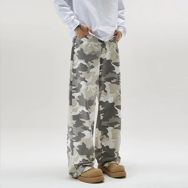 2024 Autumn and Winter New American Style Hip Hop Gray White Camouflage Casual Jeans Men's Loose Straight Wide Leg Denim Pants