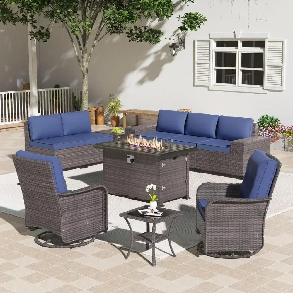

Long - lasting Gotland 10 Piece Outdoor Patio Furniture Set with 2 Swivel Rocking Chairs and 55,000 BTU Gas Fire Pit Table, Navy