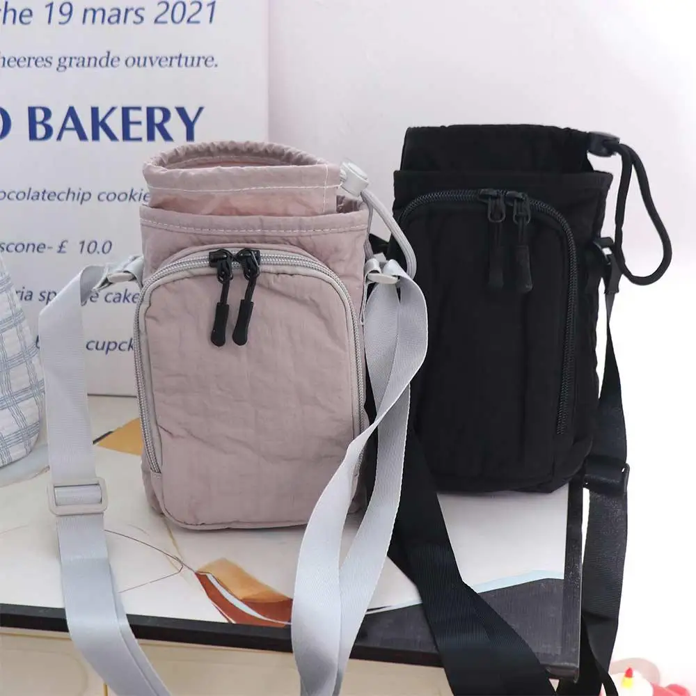 

Canvas Shoulder Water Bottle Bag Solid Color Drawstring Crossbody Mobile Phone Bag Portable Minimalist Water Cup Bag