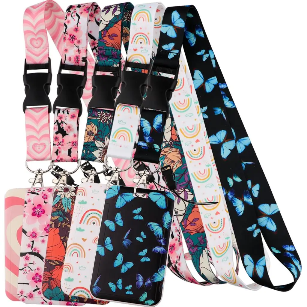 Latch Style Lanyard Butterfly Chinese Rose Badge Holder ID Credit Card Pass Hang Rope Lanyard For Keys Anime Accessories Gifts