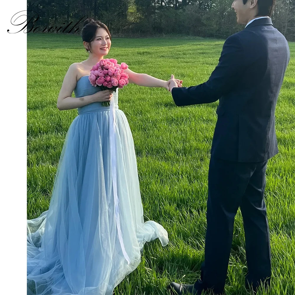 

Bowith Sky Blue Korean Wedding Snap Dresses 2025 Customized Strapless Soft Tulle Bridal Reception Dresses Party Gown