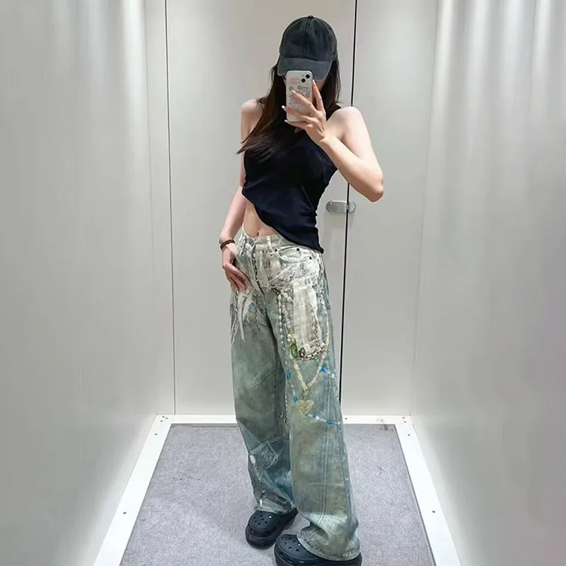 Korean Retro Printed Jeans 3d Chain Lace Pants High Waisted Women'S Jeans Straight Leg Pants Baggy Jeans Y2k