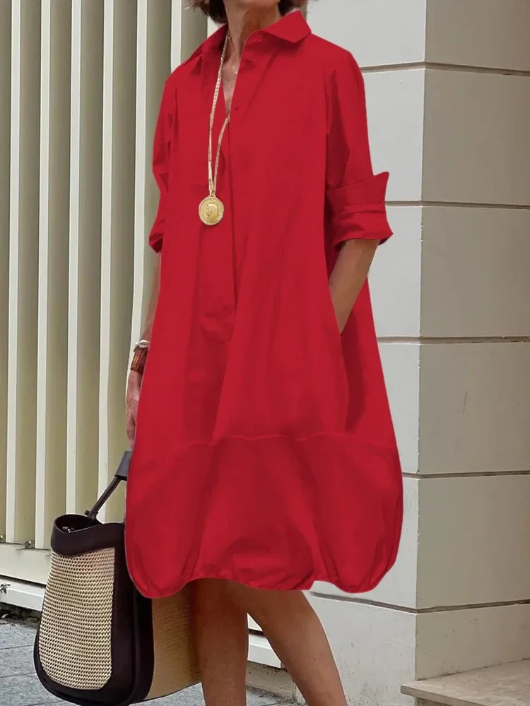 Yeezzi Women\'s Lapel Shirts Dress 2025 New Spring Summer Long Sleeves Loose Solid Color Casual Going Out Office Midi Dresses