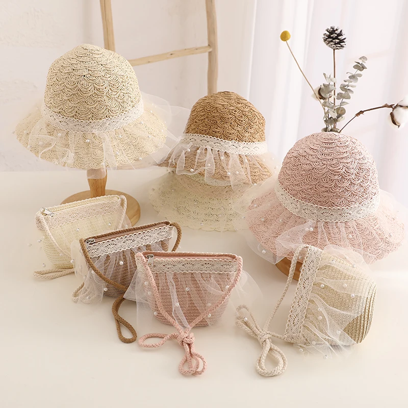 Summer child casual butterfly straw hat handbags Sets Kid girls Outdoor holiday panama cap straw bags Sun hat