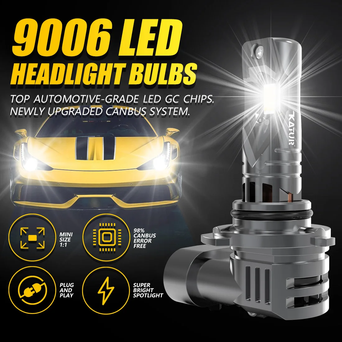 Katur 2x 9006 HB4 LED-Autoscheinwerfer, 100 W Glühbirne, Xenon, 6000 K, 20000 lm, weiße Turbo-Diodenlampen mit Lüfter, DRL, superhell, hohe Leistung – Detail 1