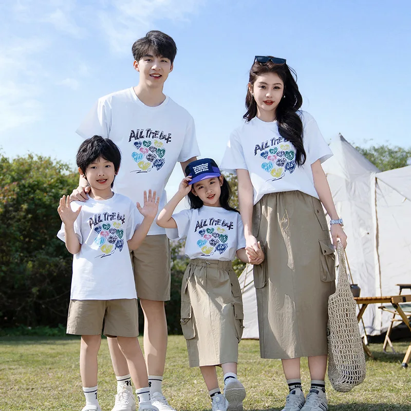 

Family Matching Clothes Korean Parent-child Suit Mom Daughter T Shirts Skirts Two Piece Sets Dad Son Tops Shorts 2 Piece Outfits