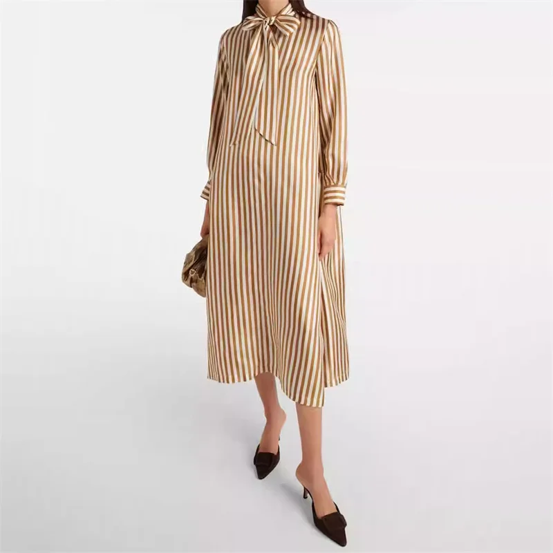 elegant party dresses woman 2024 autumn new fashion striped slim fit long dresses shawl collar vacation Midi dresses Gift belt