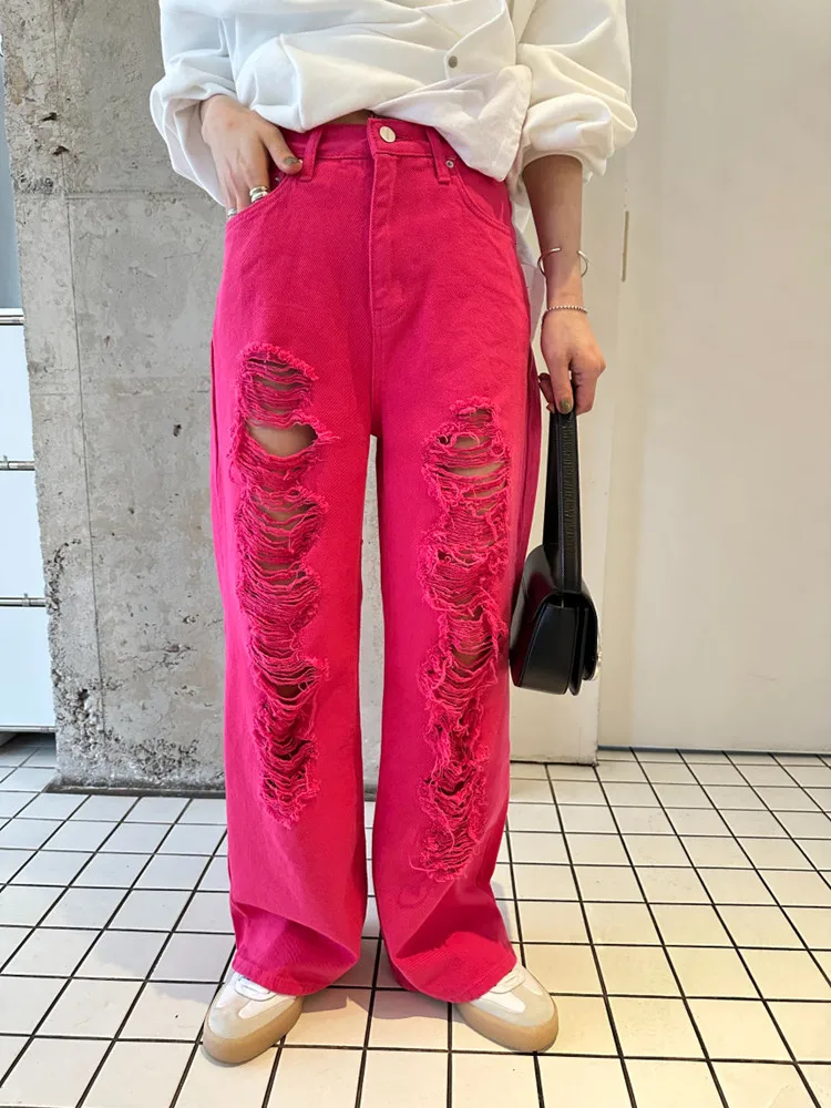 

2024 Ropa Grunge Y2K Streetwear Red Stacked Ripped Baggy Jeans Pants Women Clothes Korean Fashion Lady Trousers Pantalon Femme