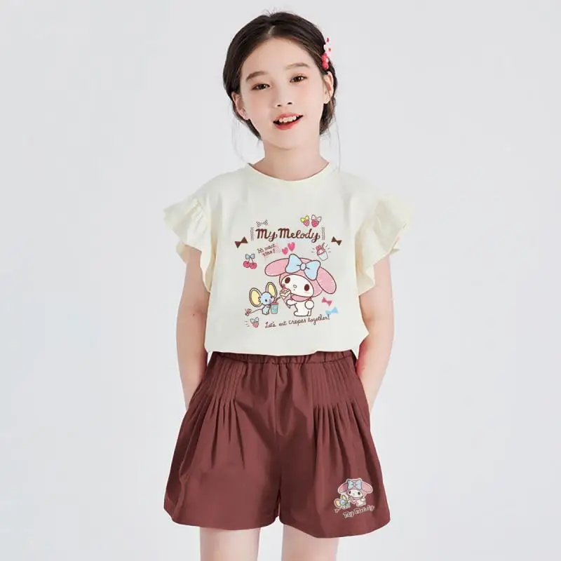 

Sanrio Girls Short Sleeve 2Pcs Hello Kittys Girls Summer Shorts Set My Melody Children's New Style T-Shirt Little Flying Sleeve