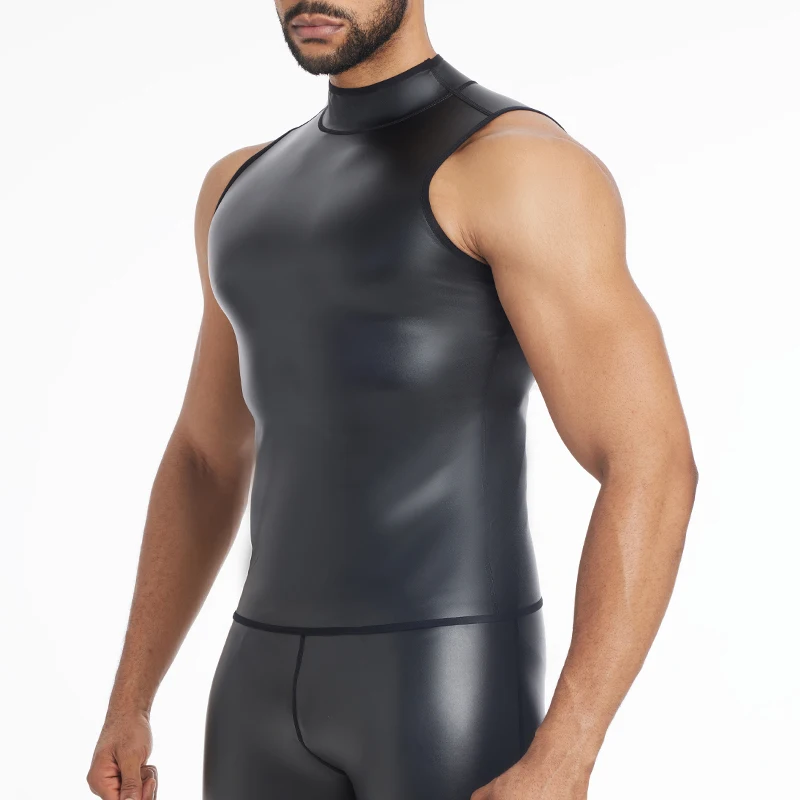 Chaleco de cuero con cuello levantado para hombre, camiseta interior sin mangas, chalecos moldeadores de cuerpo, ropa interior delgada, entrenador