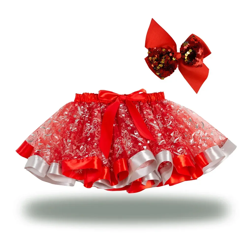 Kid Girls Christmas Xmas Red Green Tutu Skirt Tulle Fluffy Princess Dance Skirt with Bow Set Costume Photo Props Baby Skirt