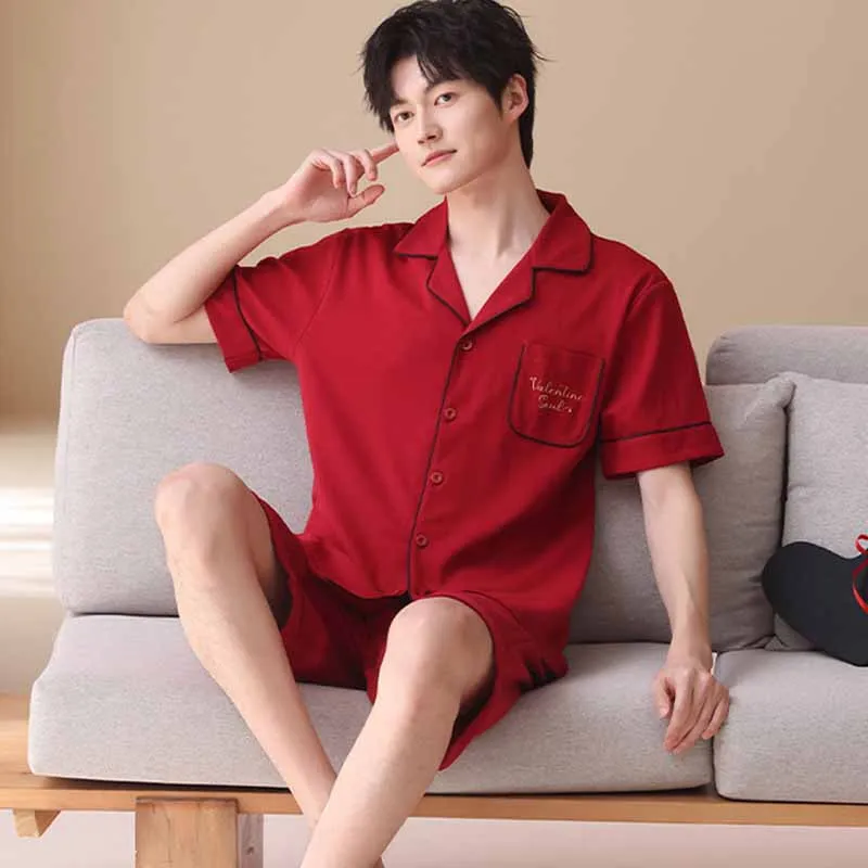 

Summer New red Print Sleepwear 2PCS short sleeves shirt&Shorts pajamas Turn-down collar Casual Home Clothes Nightwear