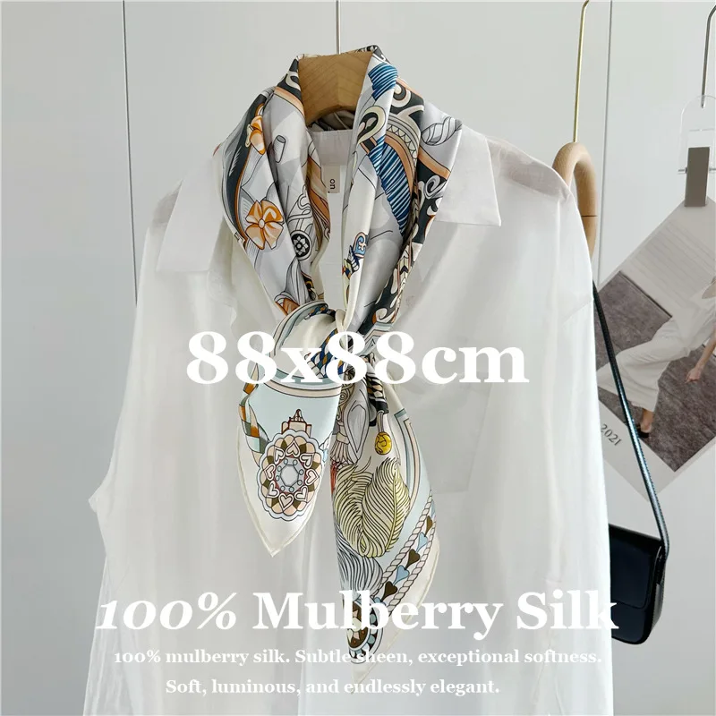 

100% Pure Natural Silk Square Scarf Gift for Her Soft French Chic Durable Premium Quality Hand Rolled Edges Large Shawl 88x88cm