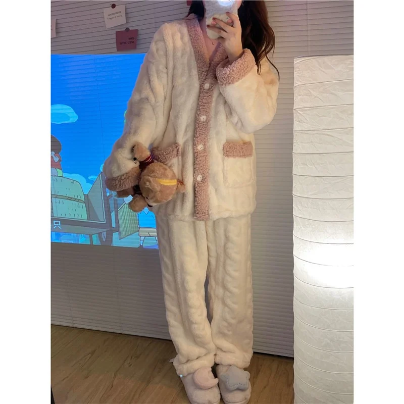 Coral Fleece Pajamas Women New Autumn and Winter 2023 Thickened Fleece-lined Graceful Couple Online Celebri Home Wear Set