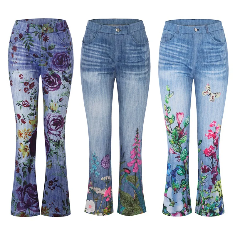 Women Spring Summer Flared Jeans Floral Print Bell Bottoms Denim Pants For Daily Wear Outdoor Activity Streetwear