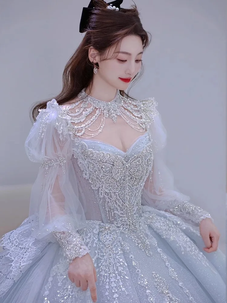 Long Sleeve Shiny Wedding Dress Embroidered Lace Sequined Vintage Bridal Gown With Bow And Beading Vestido Customized