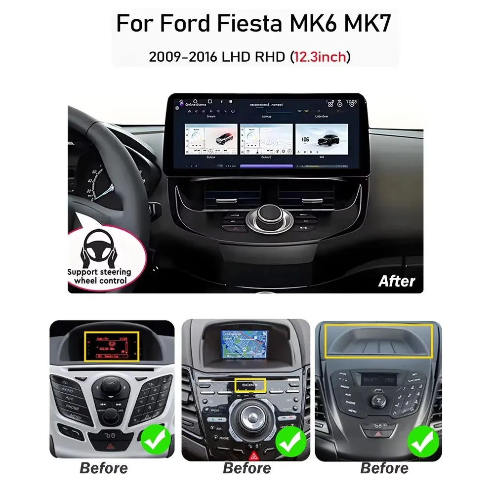 12.3 inch Car Radio For Ford Fiesta MK6 MK7 2009-2016 LHD RHD Android Multimedia Video Player GPS Wireless Carplay QLED Screen