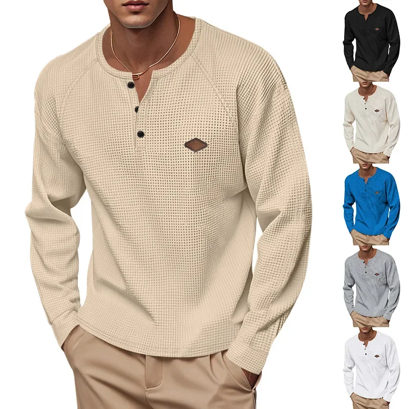 

Cross-border Men's Casual American Spring and Autumn Book Waffle Ffle Button Quick Dryg Henry T-shirt Long Sleeve