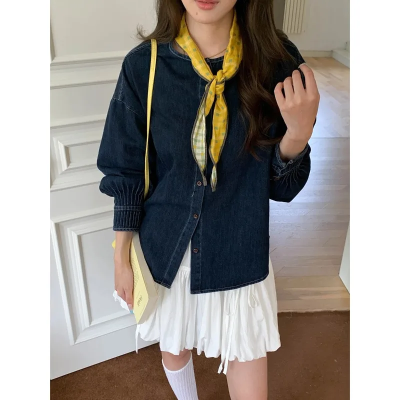 Korean Retro Round Neck Loose Denim Shirt