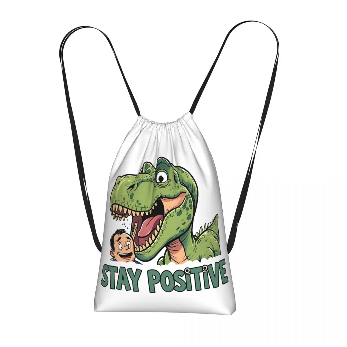 Stay Positive Funny T-Rex Dinosaur Sticker Drawstring Backpack hiking cycling Bag Lightweight Storage Drawstring Bag Men Women