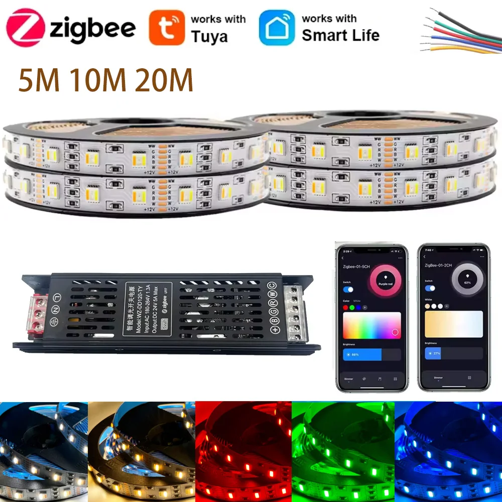 

Zigbee 3.0 5IN1 RGBCCT LED Strip Light DC24V 5M 10M 20M 5050 Flexible Tape Dimmable Room Decor Tuya Zigbee for Alexa Smartthings
