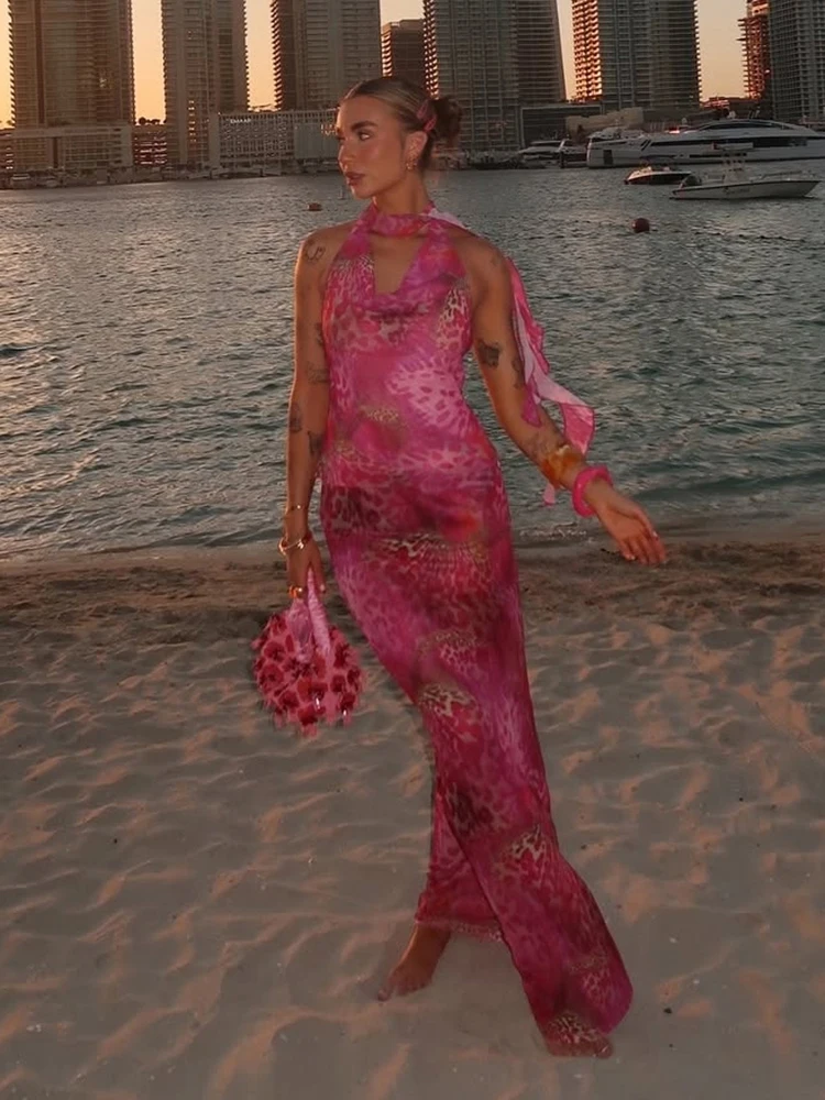 

Insglas Vacation Elegant Colorful Print Women Two Piece Set Y2K Halter Scarf Tank Tops+Maxi Skirts Matching Midnight Clubwear