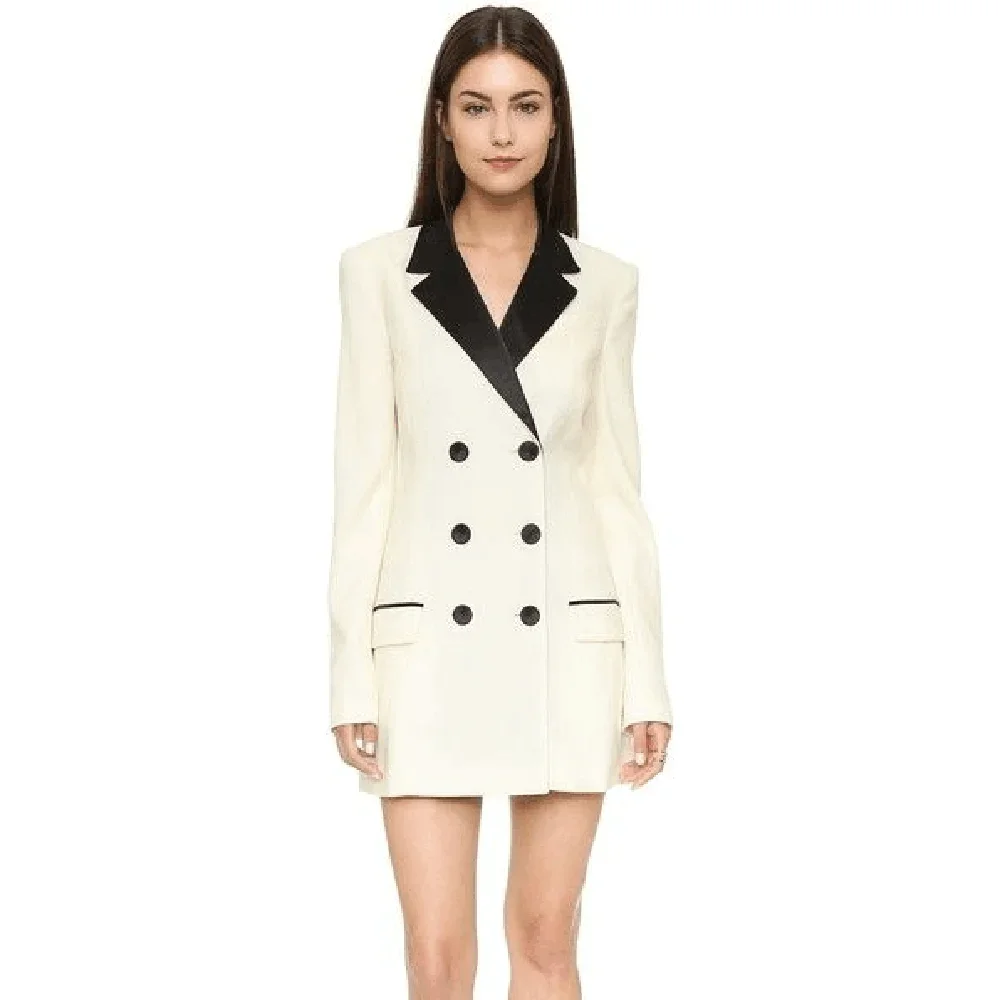 Slim White Double Breasted Black Lapel Women's Jacket Fashion Formal Casual Office Lady Long Coat Only 1 Piece