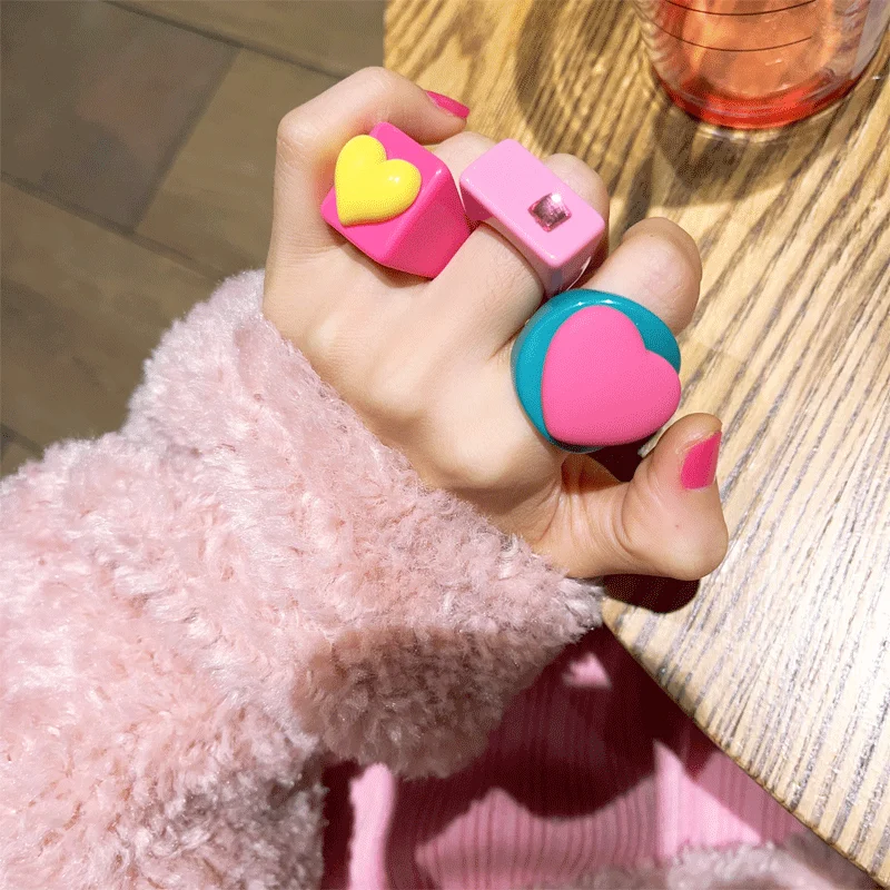 

Geometric Acrylic Rings for Girls Heart aped Personali Faion Jewelry Accories Korean Sle Flower Pattern