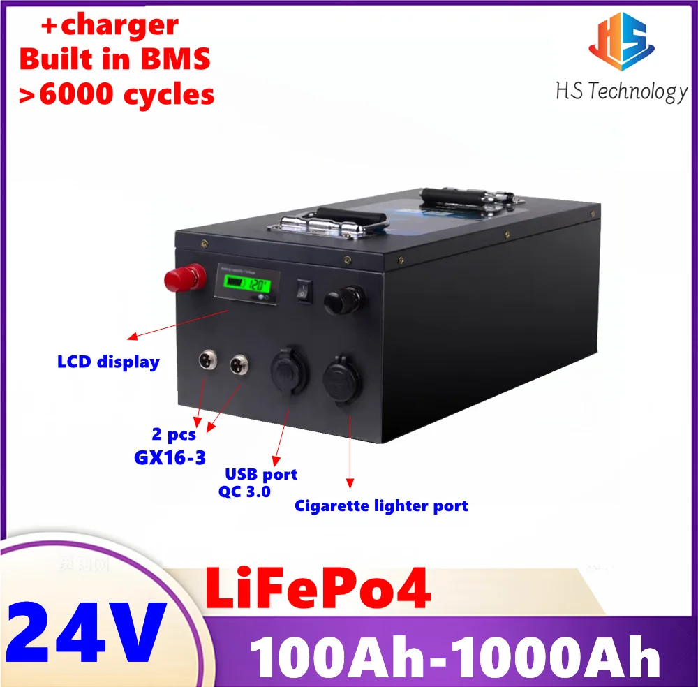 

HS 24V 100Ah Lifepo4 Battery 200Ah 300Ah 400Ah 500Ah600Ah 800Ah 1000Ah Lithium for Solar System Inverter,RV Outdoor Camping boat