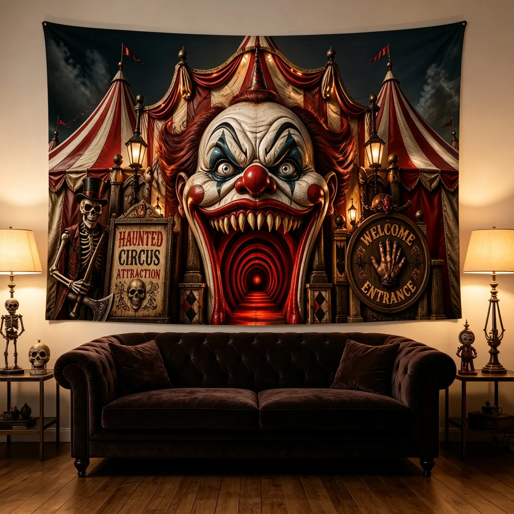 1PC Creepy Circus Entrance Horror Print Backdrop Banner, Bedroom Photo Background, Polyester, Halloween Party Decoration
