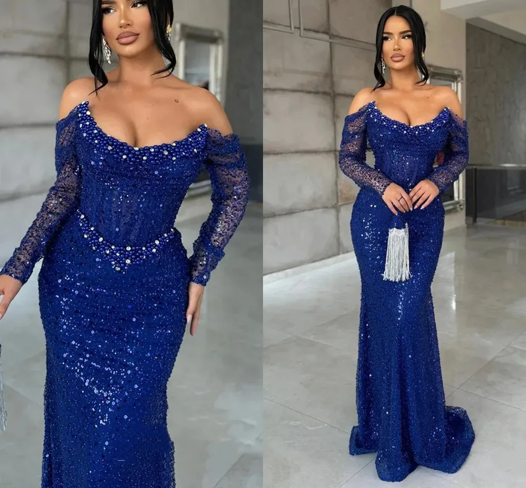 بلينغ الأزرق الملكي حورية البحر فستان الحفلات المسائية سكوب قبالة الكتف اللؤلؤ الترتر حفلة موسيقية فساتين رسمية مأدبة رداء دي سواريه