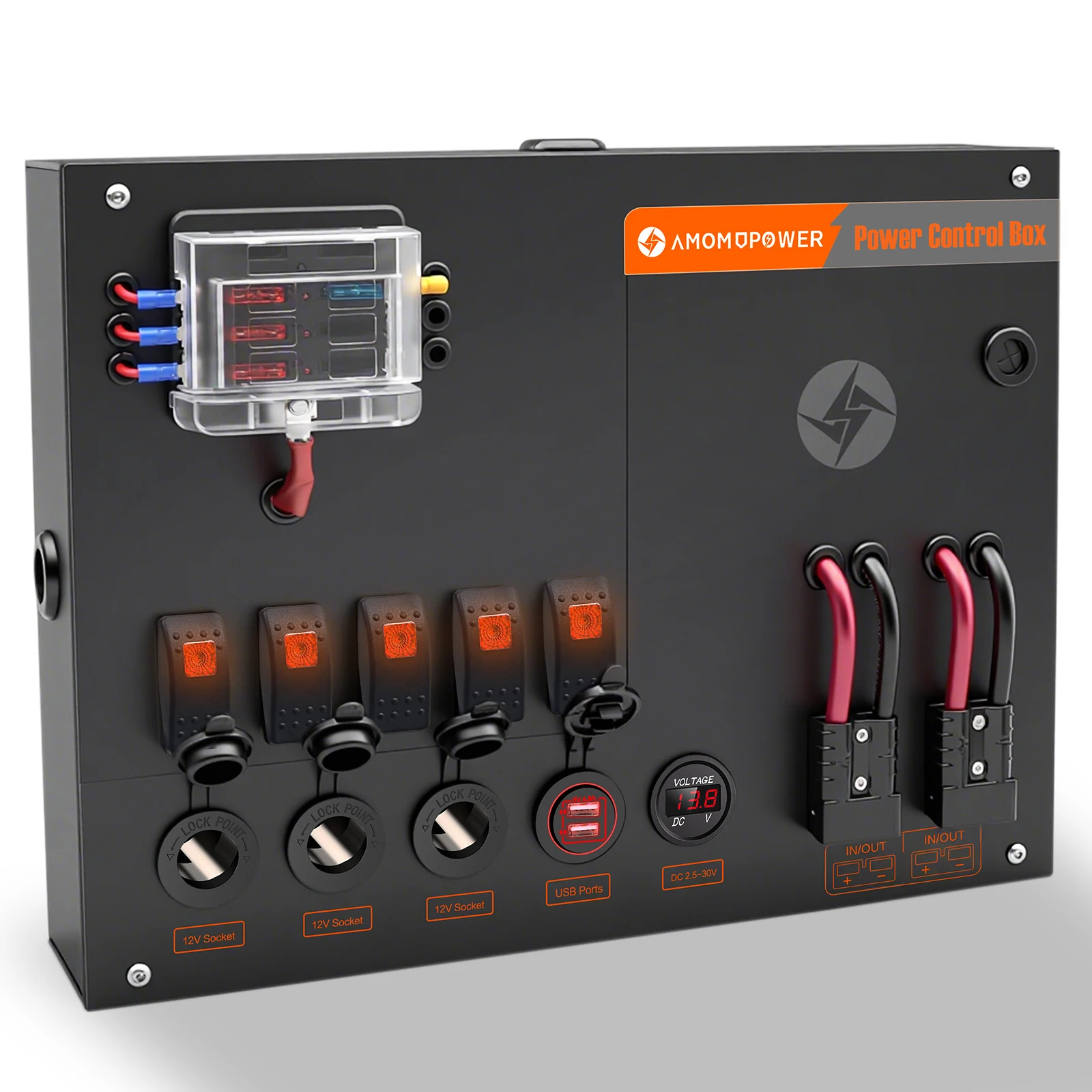 

12/24 V Multifunction Battery Power Control Box with Switches Fuse Block Sockets Voltmeter USB Quick Connect Plug for Car RV 4WD