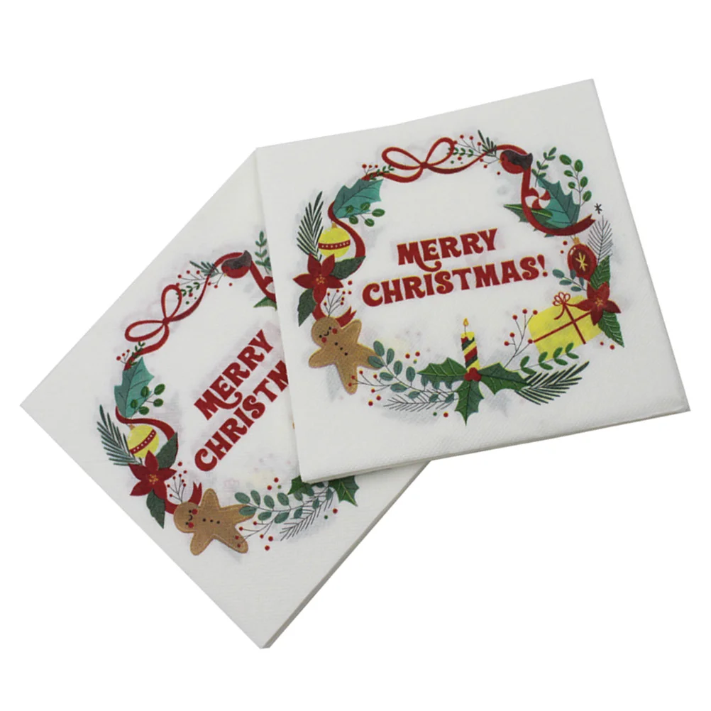 

40pcs Christmas Printed Napkins Cartoon Wreath Tissue Dinner Paper Towel Party Supplies