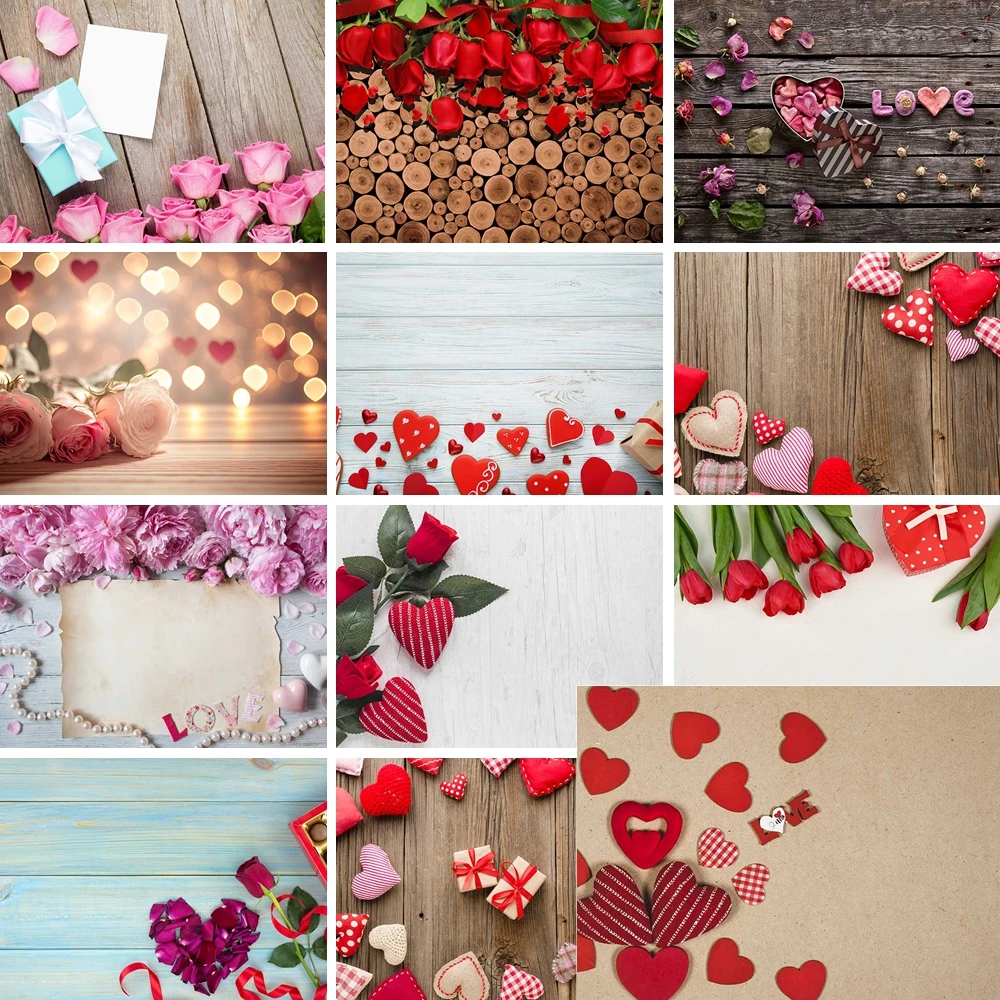 

MOON.QG Valentine's Day February 14 Backdrops For Photography Wooden Heart Rose Board Photo Background Women Wedding Studio Wall