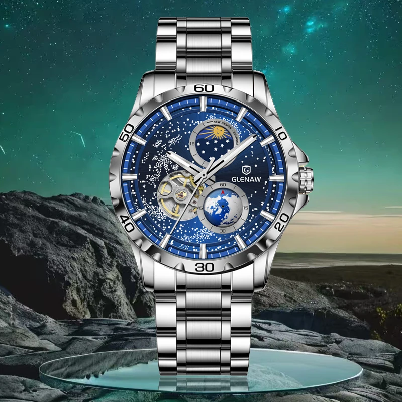 GLENAW Rotating Earth Double Second Hand Mechanical WristWatch Watch Men’s Starry Sky Stainless Steel Watchband Waterproof Watch