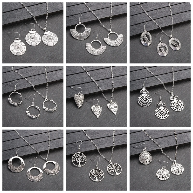 Ethnic Vintage Silver Color Necklace Earring Set Women Fashion Indian Jewelry Alloy Tree Heart Pendant Party Wedding Jewelry Set