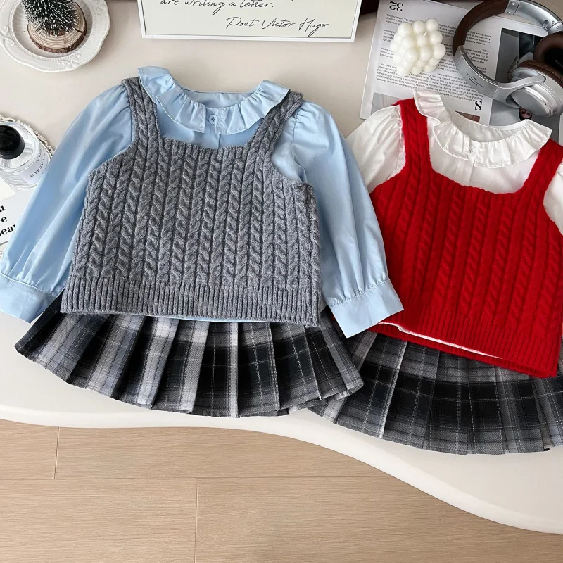 

Children's Set Dress New Autumn Outfit Girls' Knitted Cable Vest+Round Neck Doll Shirt Blouse+Pleated Skirt Three-Piece Set