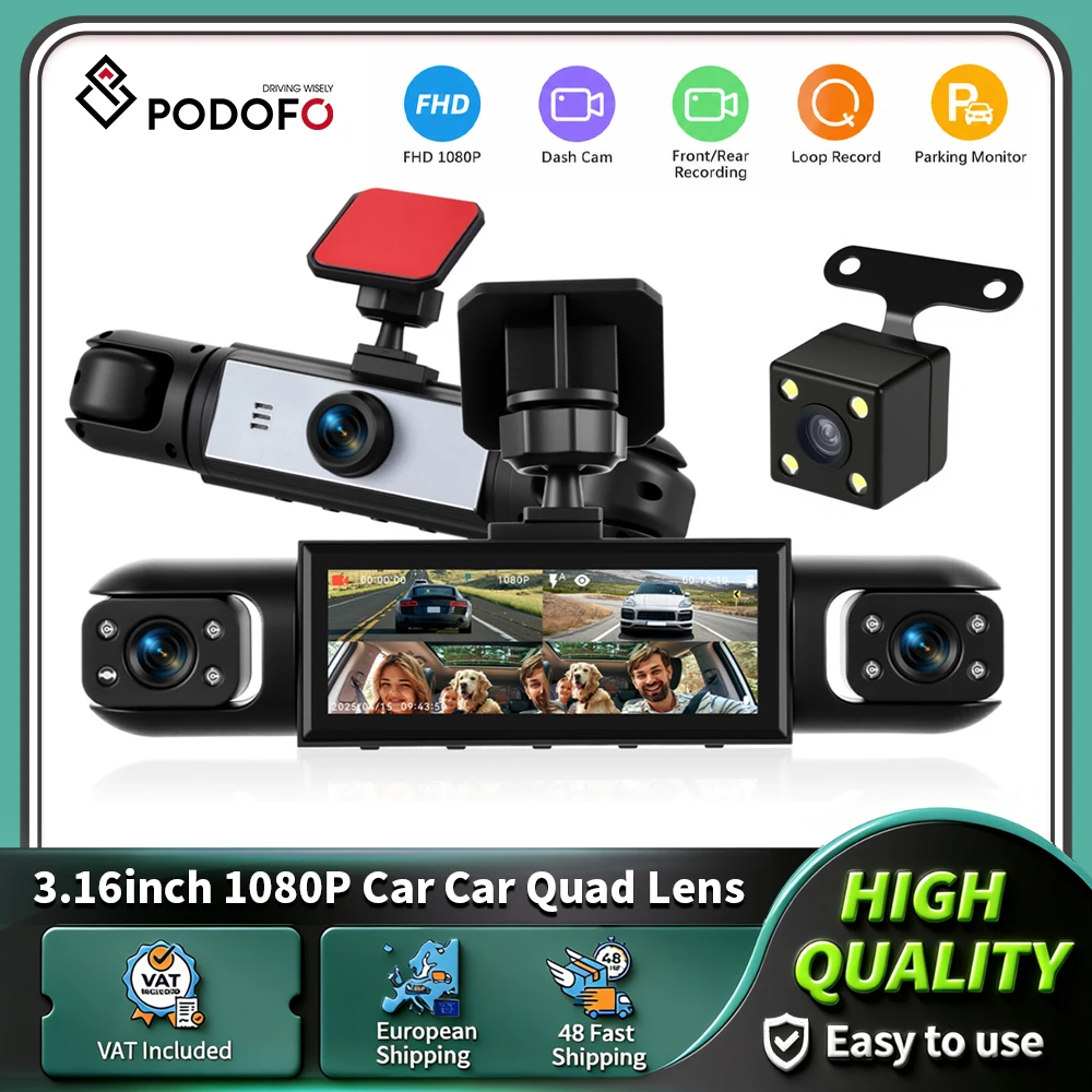 Podofo 3,16 Zoll Auto-Dashcam 1080P Auto-DVR 4-Linsen HD Auto-Rekorder Auto-Blackbox mit Loop-Aufnahme, Dashcam mit Nachtsicht, 480P Auto-Links-, Auto-Rechts-, Rückfahr- und Bewegungserkennung