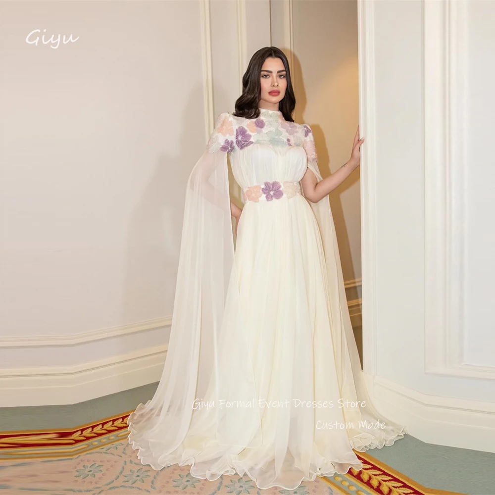 

Giyu Elegant Ivory Chiffon Evening Dresses Long Cape Sleeves Applique Dubai Arabic Women Prom Gowns Formal Occasion Dress