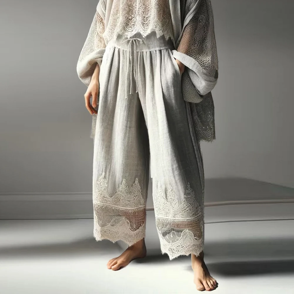 

Women Vintage Lace Patchwork Pants Loose Straight Drawstring Pockets Trouses Summer Female Solid Linen Casual Retro Ethnic Pants