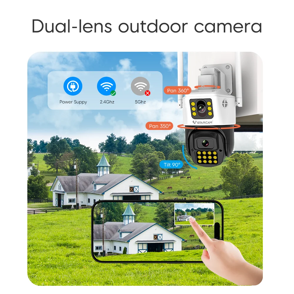 VSTARCAM 6MP 4K 듀얼 렌즈 광각 홈 카메라, IP66 방수, 360도 °   PTZ 뷰, 사람 감지, 컬러 야간 투시, 양방향 통신
