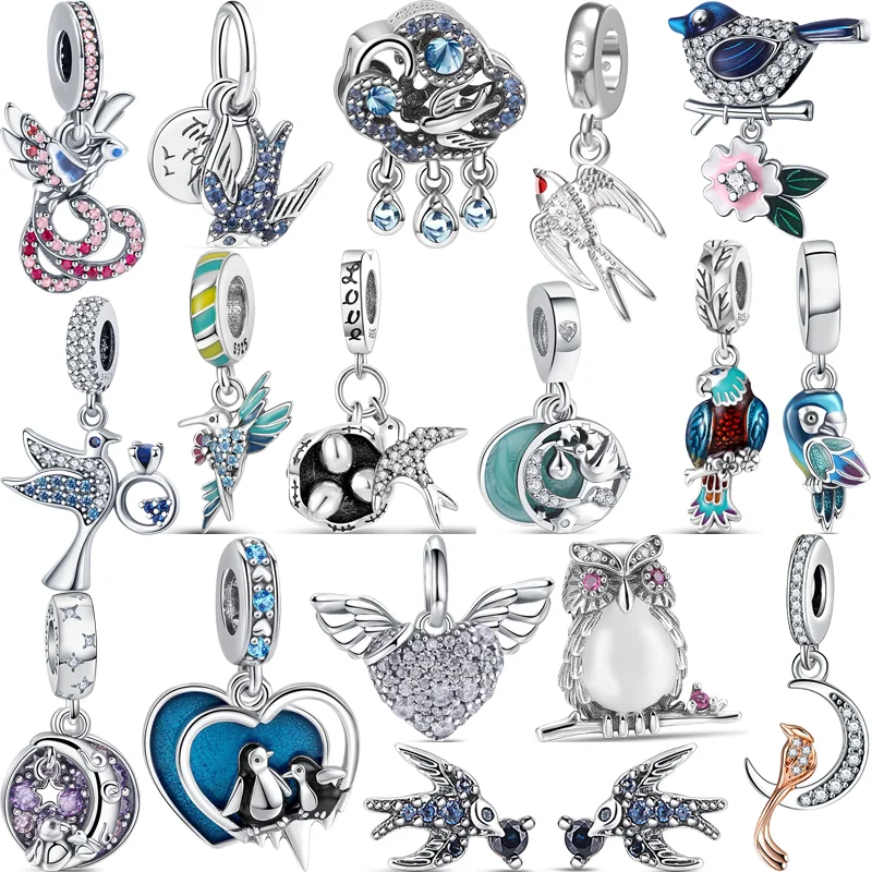 

Fit Original Pandora Charm Bracelet DIY Jewelry 925 Sterling Silver Owl Magpie Parrot Phoenix Swallow Penguin Bird Pendant Beads