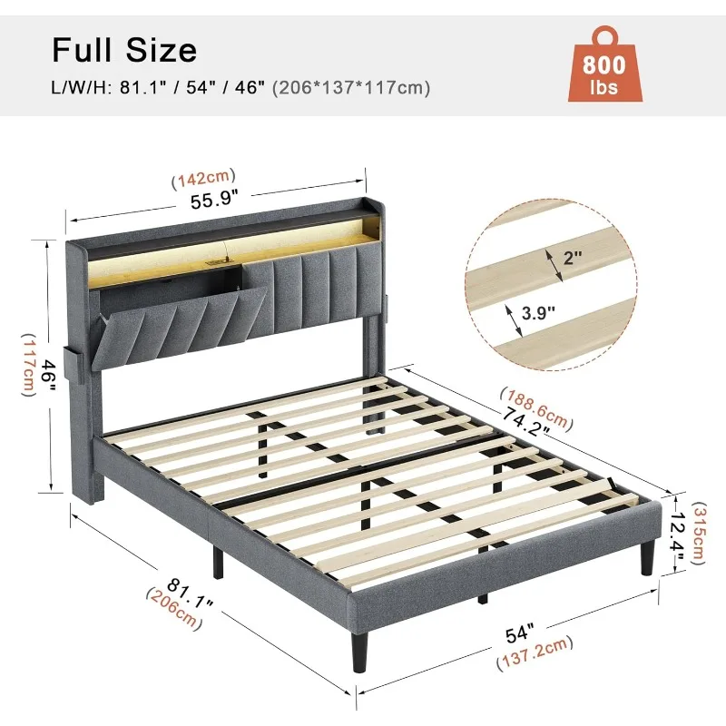 Full Bed Frame with Storage Headboard & Footboard Modern Upholstered Platform Bed with LED Lights USB Ports & Outlets Strong