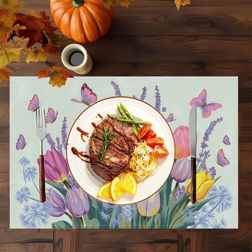 2D Flat Print Placemats Place Mats with Retro Floral Butterfly Design Table Mats for Dining Table
