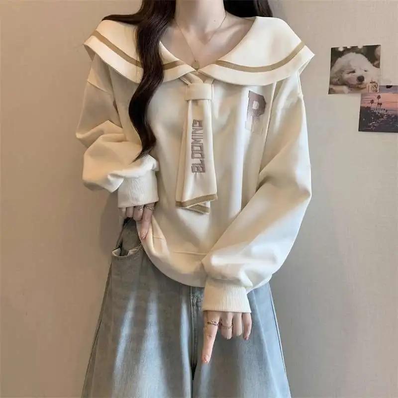 

Preppy Style Fake Tie Sailor Collar Sweatshirt Women Fashion Long Sleeve Solid Pullover Tops Spring Autumn Casual Loose Coats